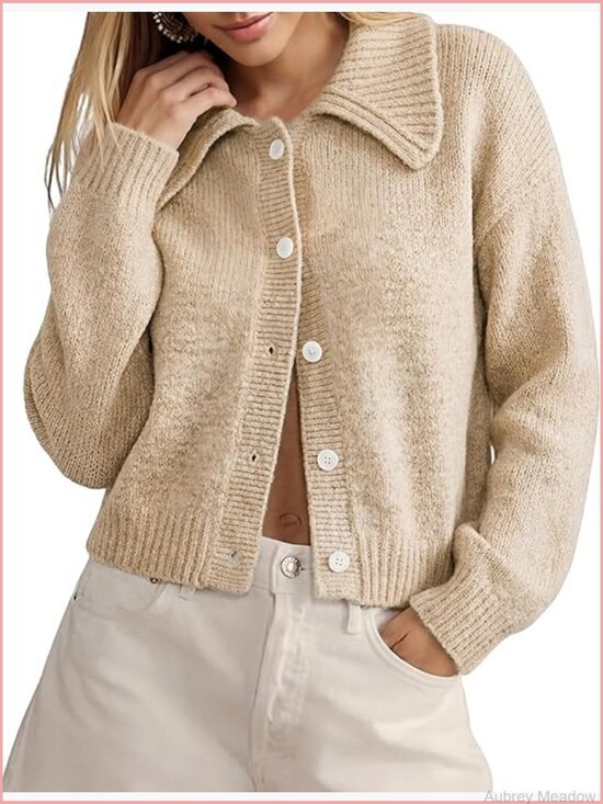 Sweaters - Cropped Collared Knit Cardigan Button Front Long Sleeve